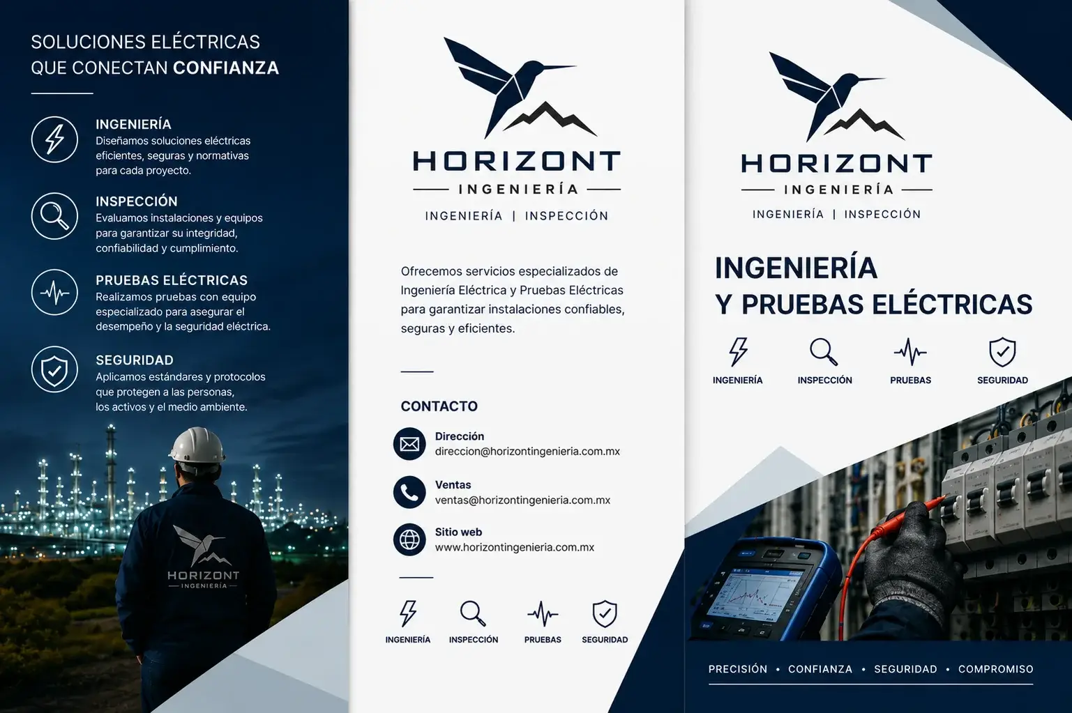Portada y contenido del brochure corporativo de Horizont Ingeniería